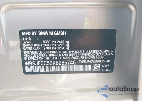 2019 BMW M5 from USA, damaged, VIN WBSJF0C52KB285746